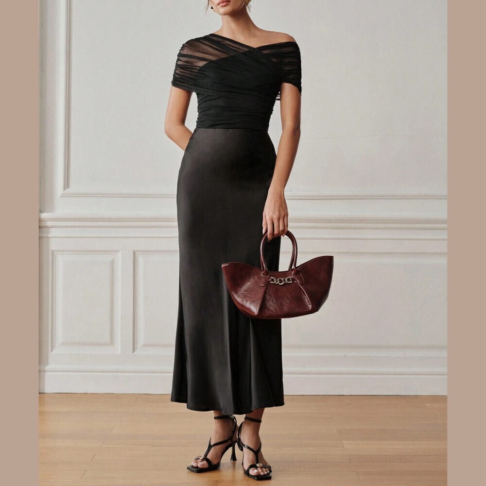 Black Sheer Mesh Ruched Asymmetrical Neck One Shoulder Bodysuit - Picture 8 of 10